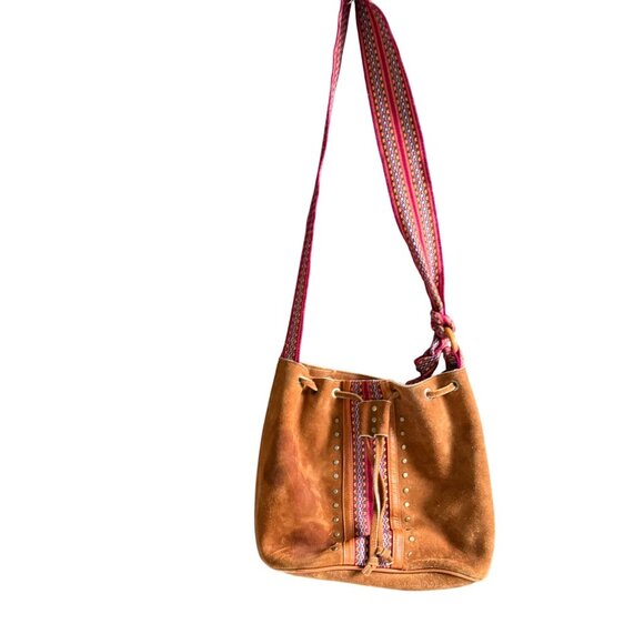 Leather Suede Faja Fabric Strap Shoulder Bag Brown Pink Bohemian Everyday - Picture 1 of 14